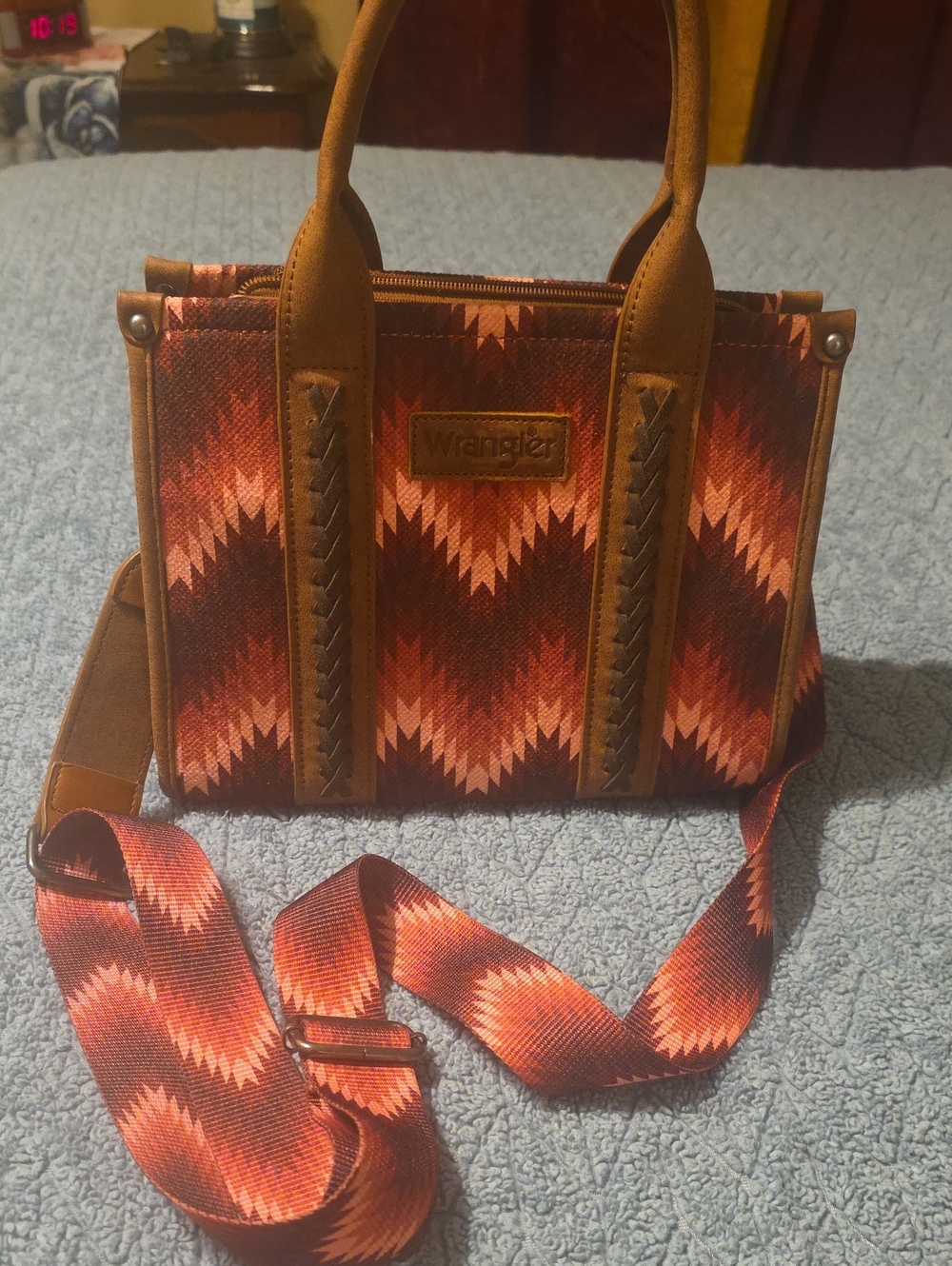 Wrangler Red and Tan Chevron Crossbody Tote with Removable Strap